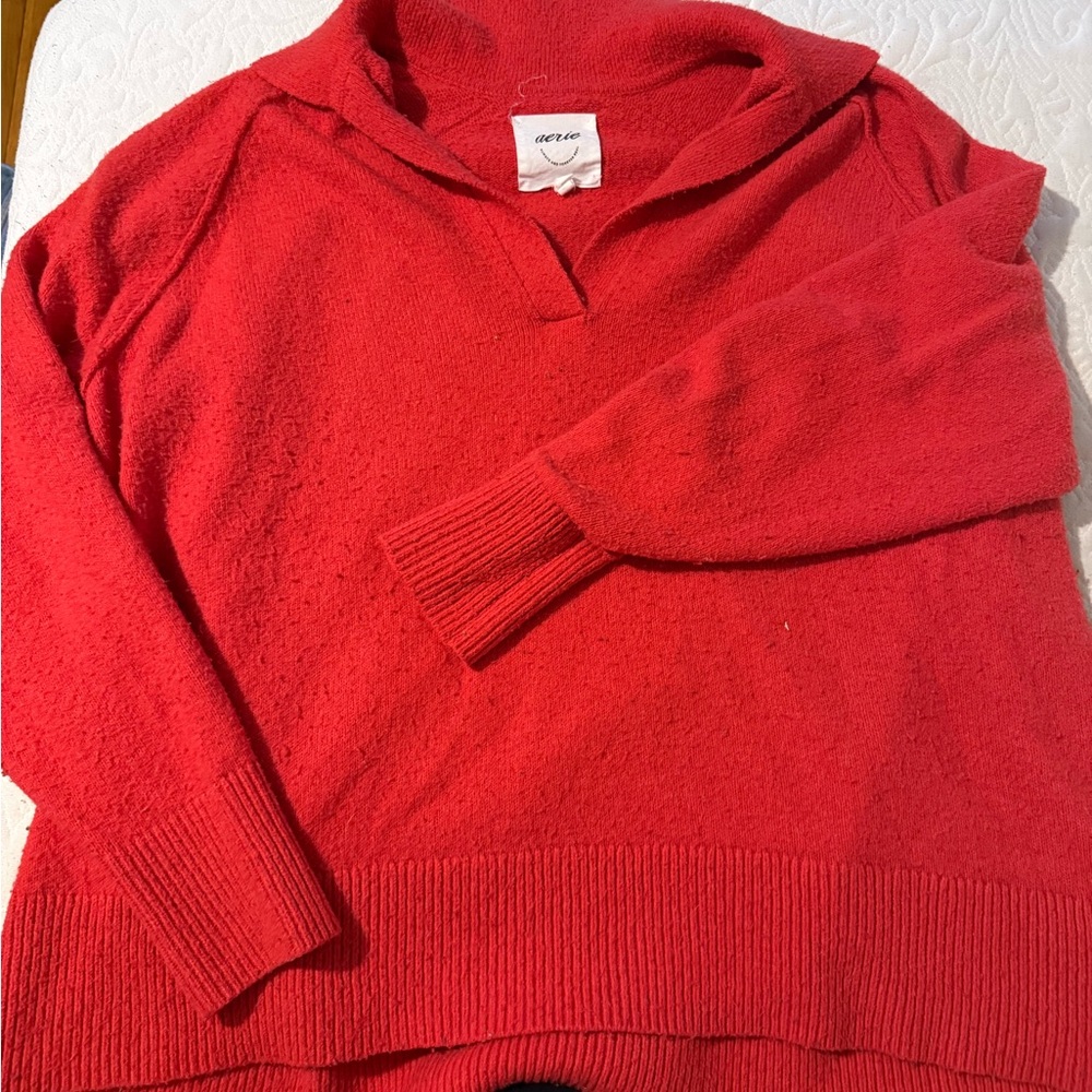Aerie Red V-Neck Collar Sweater
